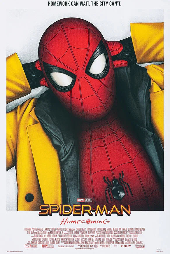 Spider-Man in red suit and black spider emblem wearing yellow jacket, hands behind head, Homecoming movie poster