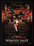 Spirited Away poster featuring Chihiro standing on steps surrounded by a red and black temple background with stylized trees