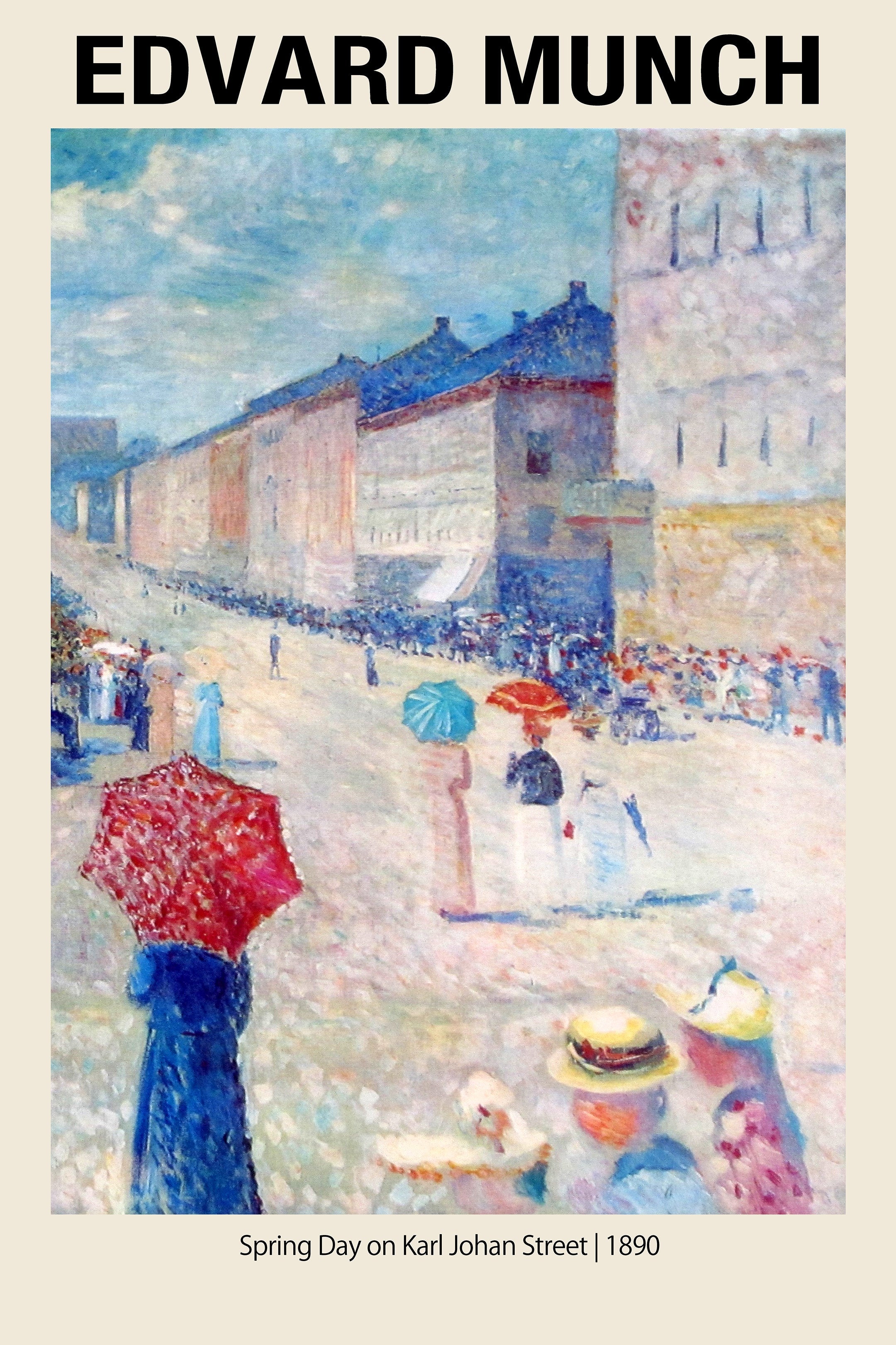 Edvard Munch's painting "Spring Day on Karl Johan Street" (1890), depicting a bustling Oslo street scene with figures holding red and blue umbrellas in an impressionistic style.