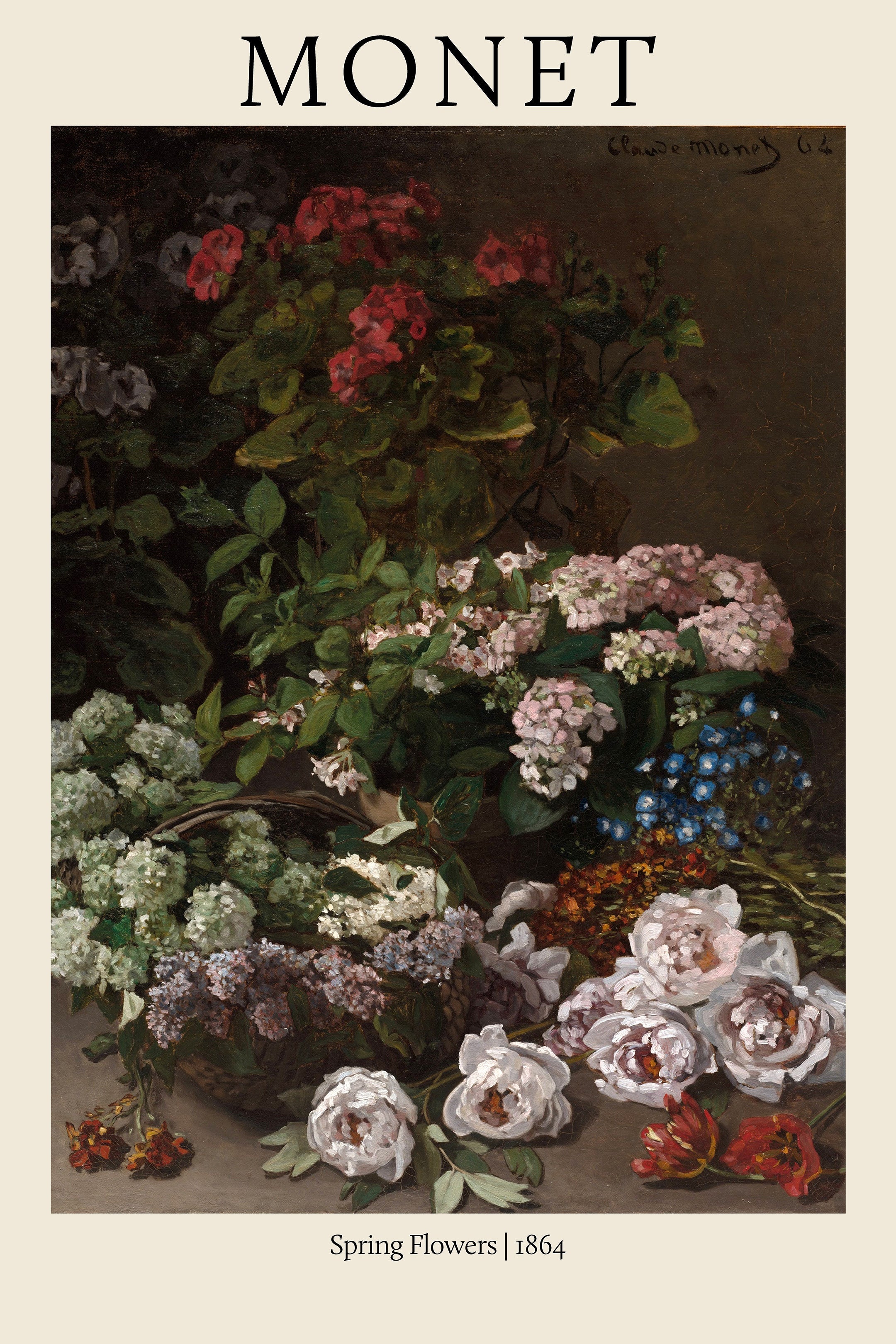 High-quality print of Claude Monet's 1864 painting "Spring Flowers," featuring white peonies, red geraniums, and hydrangeas against a dark background.
