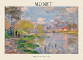 Claude Monet's 1875 oil painting "Spring by the Seine," depicting a vivid Impressionist river landscape with figures, green banks, and expressive clouds.
