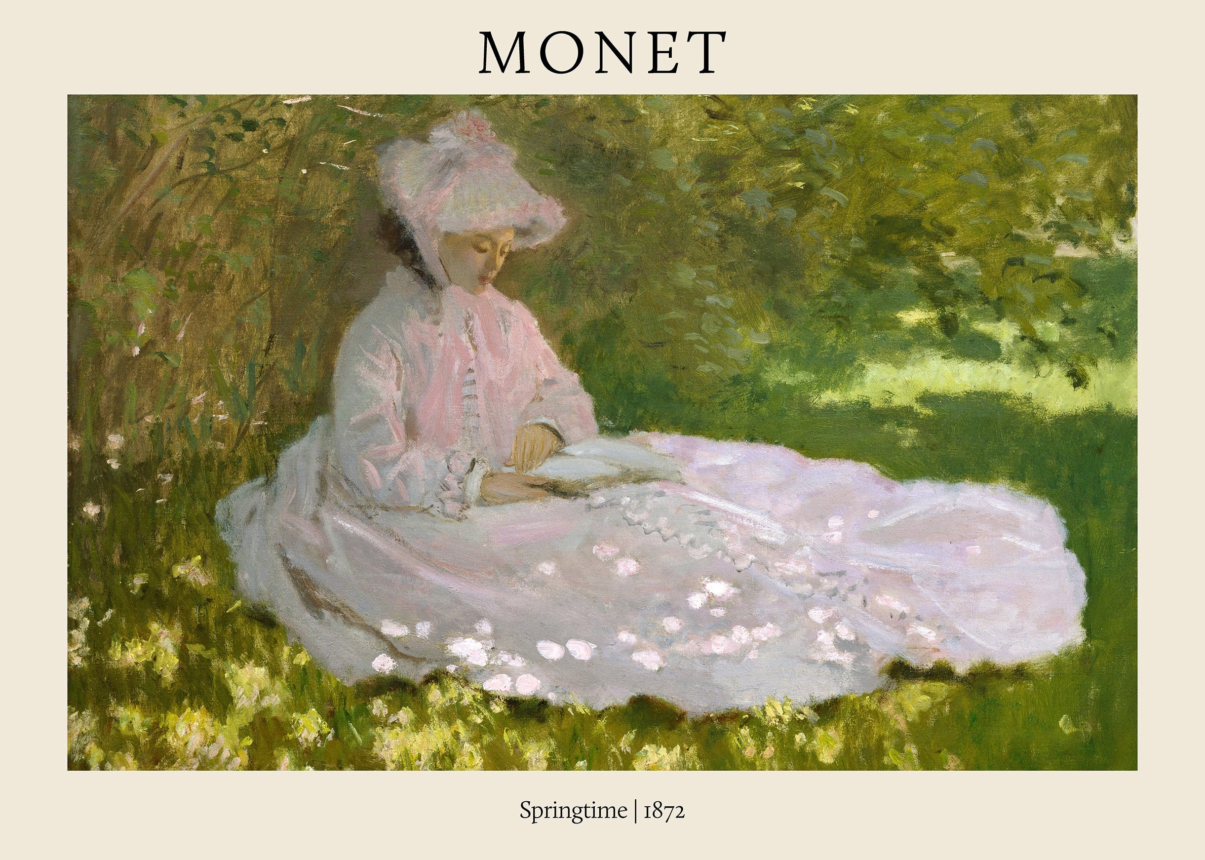 Claude Monet's 1872 Impressionist painting "Springtime," showing a woman in a pink bonnet seated in dappled light amidst green grass.