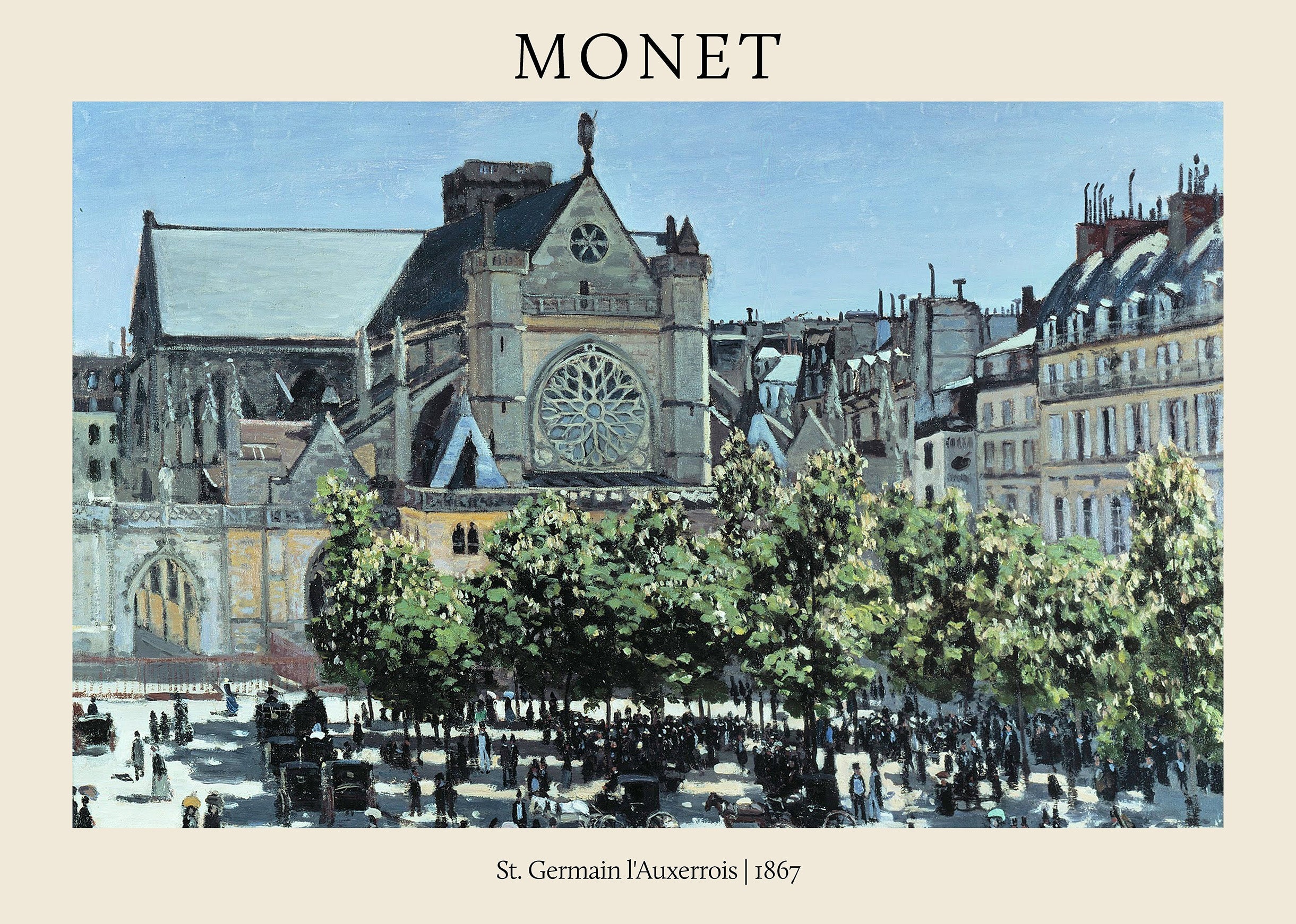 Impressionist oil painting by Claude Monet titled St. Germain l'Auxerrois (1867), showing the Gothic church facade, city skyline, and green trees.