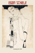 Egon Schiele's 1909 drawing, "Standing Girl," featuring a thin-lined, expressionistic nude female figure with eyes closed, against a distressed, sepia-toned background.