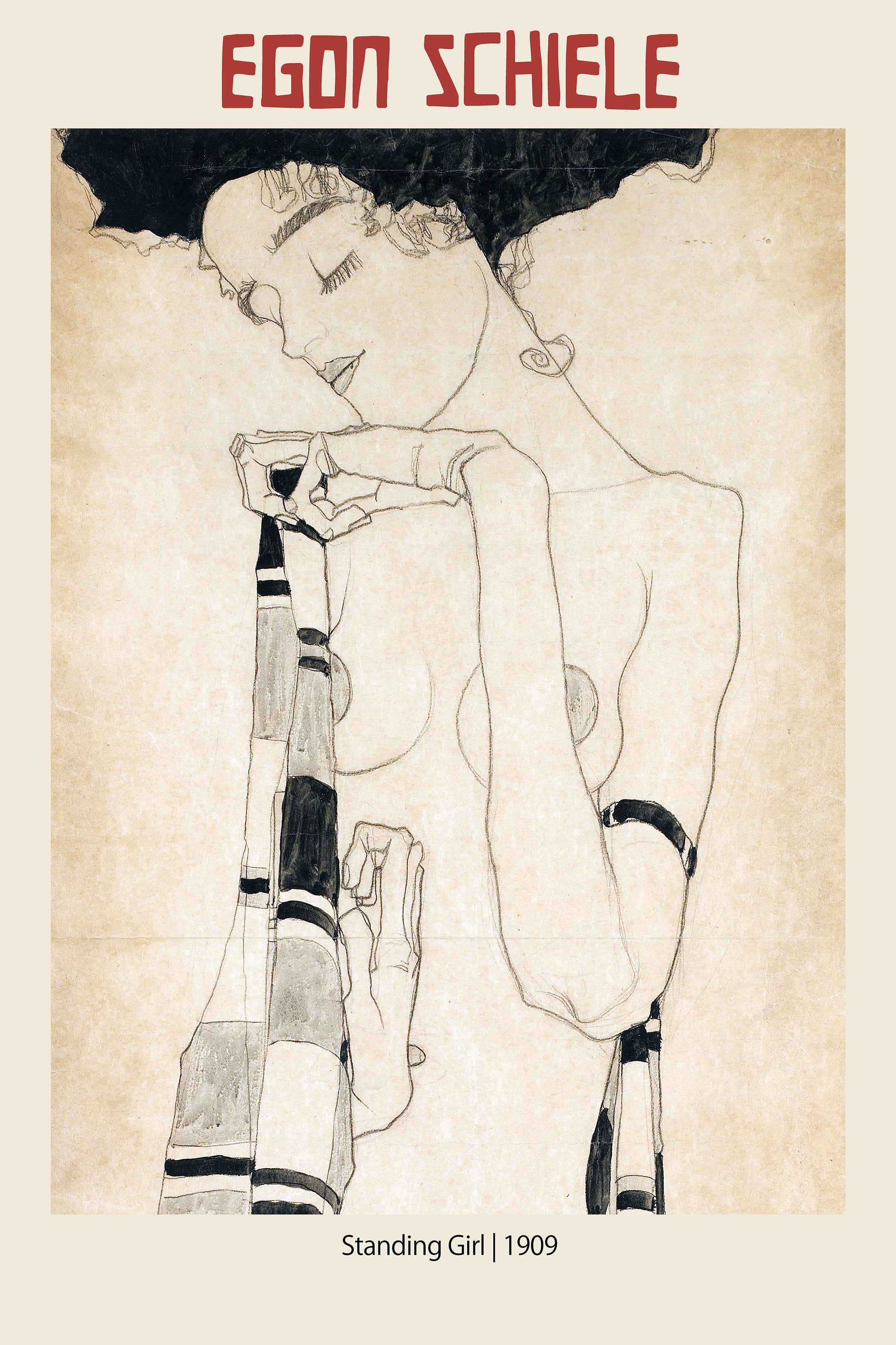 Egon Schiele's 1909 drawing, "Standing Girl," featuring a thin-lined, expressionistic nude female figure with eyes closed, against a distressed, sepia-toned background.