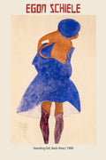 Egon Schiele's 1908 drawing "Standing Girl, Back View," showing a figure in a vivid blue dress and cap, rendered in Expressionist style on textured paper.