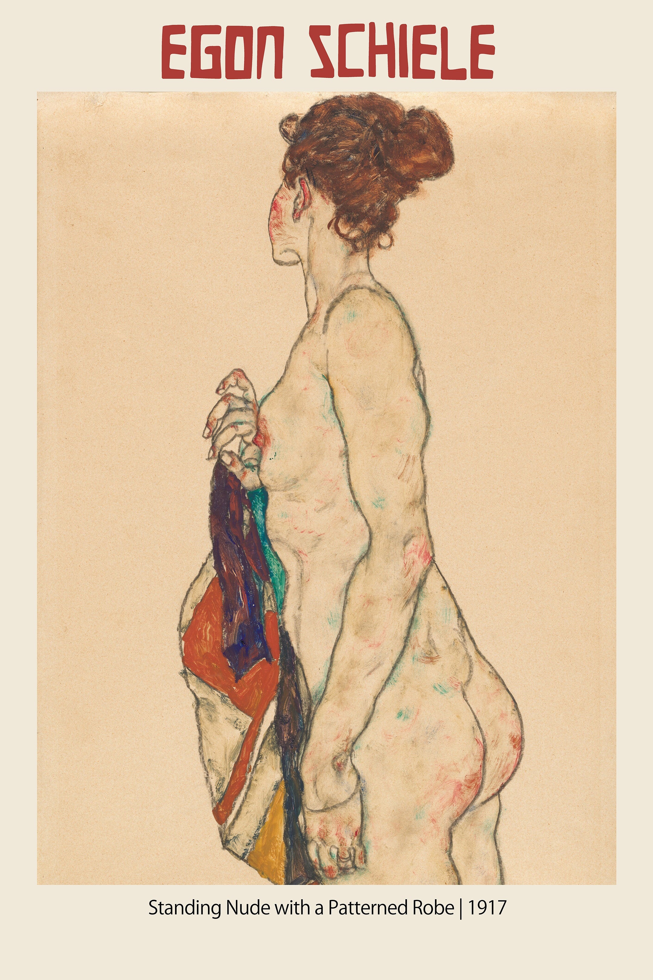 Egon Schiele's 1917 "Standing Nude with a Patterned Robe," a profile watercolor drawing of a female figure on tan paper.