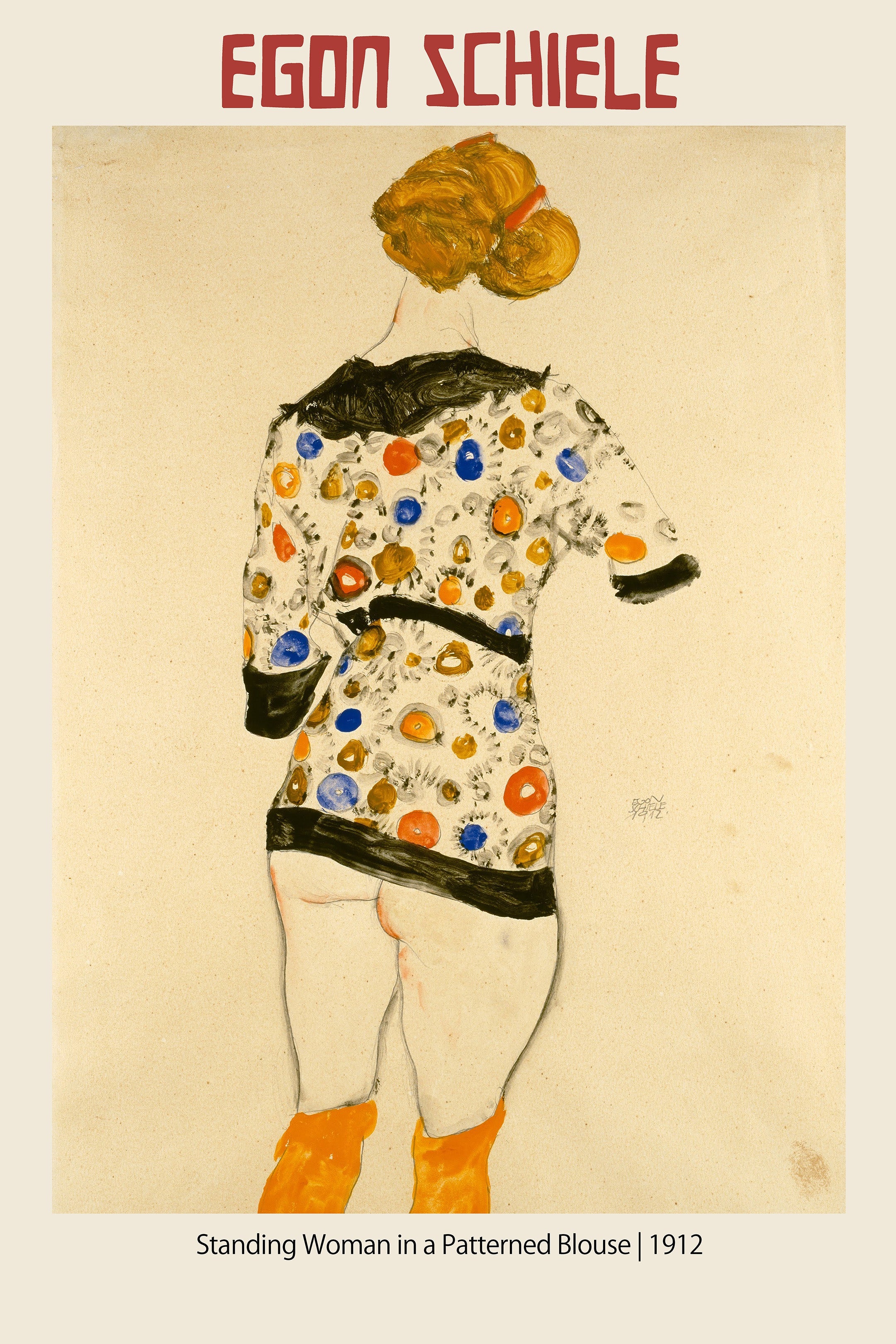 Egon Schiele's 1912 watercolor drawing "Standing Woman" viewed from the back, wearing a black and patterned blouse with blue and orange dots.