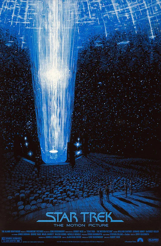 Star Trek The Motion Picture poster featuring a glowing bright beam in a starry cosmic setting with figures below