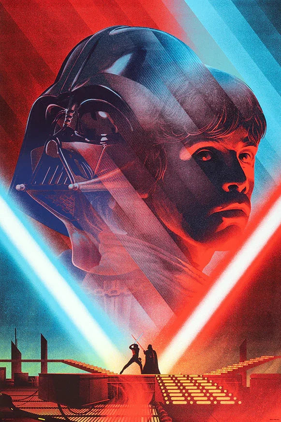 Star Wars The Empire Strikes Back art featuring large faded images of Darth Vader and Luke Skywalker with lightsaber duel below