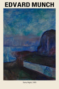 Reproduction of Edvard Munch's 1893 Starry Night painting, showing a deep blue expressionist coastal landscape under a single bright moon.