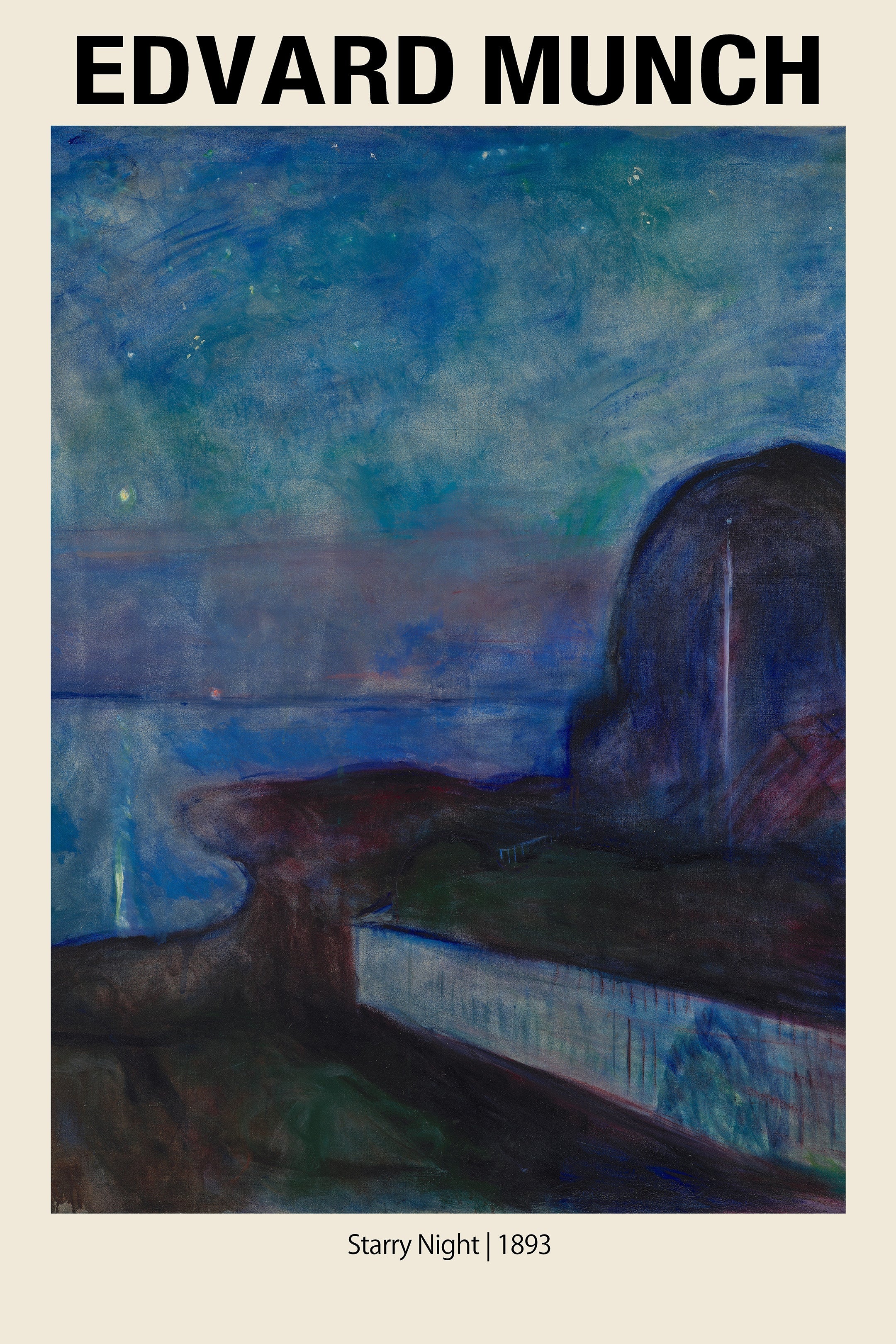 Reproduction of Edvard Munch's 1893 Starry Night painting, showing a deep blue expressionist coastal landscape under a single bright moon.