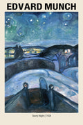 Edvard Munch's 1924 Expressionist painting, "Starry Night," depicting a dark, snowy night landscape with glowing houses and two shadowed figures under a swirling blue sky.