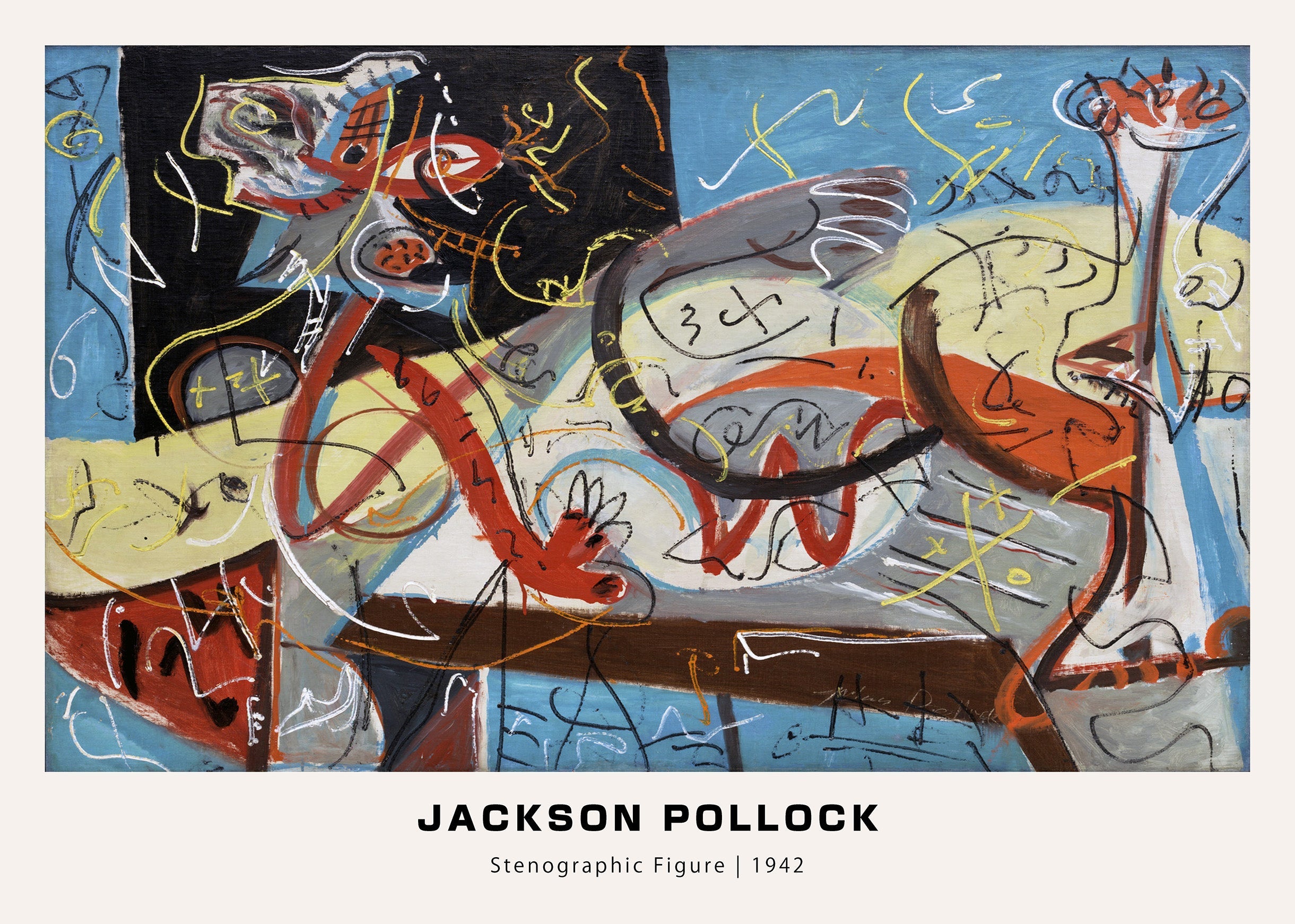 Jackson Pollock’s "Stenographic Figure" 1942 painting featuring dynamic red, black, yellow, and white abstract brushstrokes on a blue and gray background.