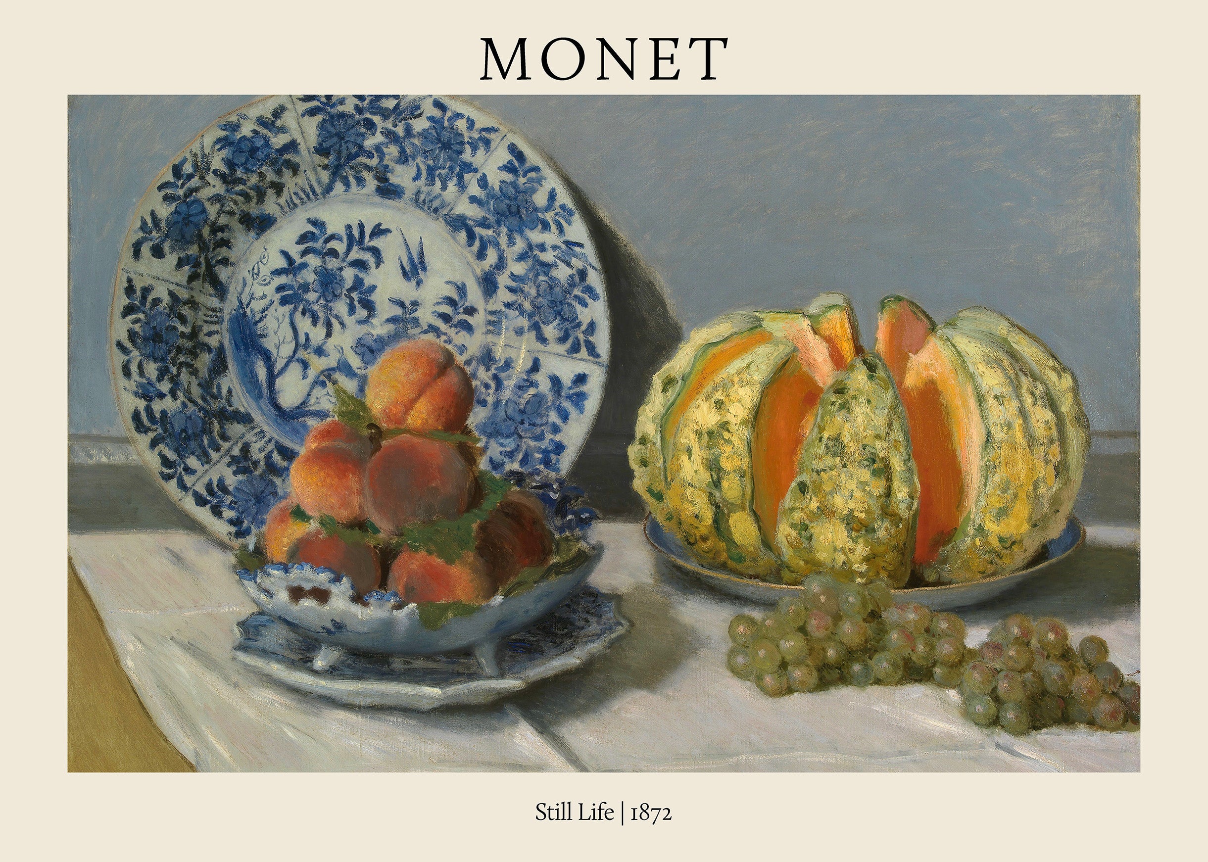 Claude Monet Still Life painting (1872) showing peaches, a sliced cantaloupe melon, grapes, and a large blue and white chinoiserie plate.