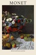Claude Monet's Still Life with Flowers and Fruit, showing a vibrant floral arrangement, apples, and grapes on a dark background.