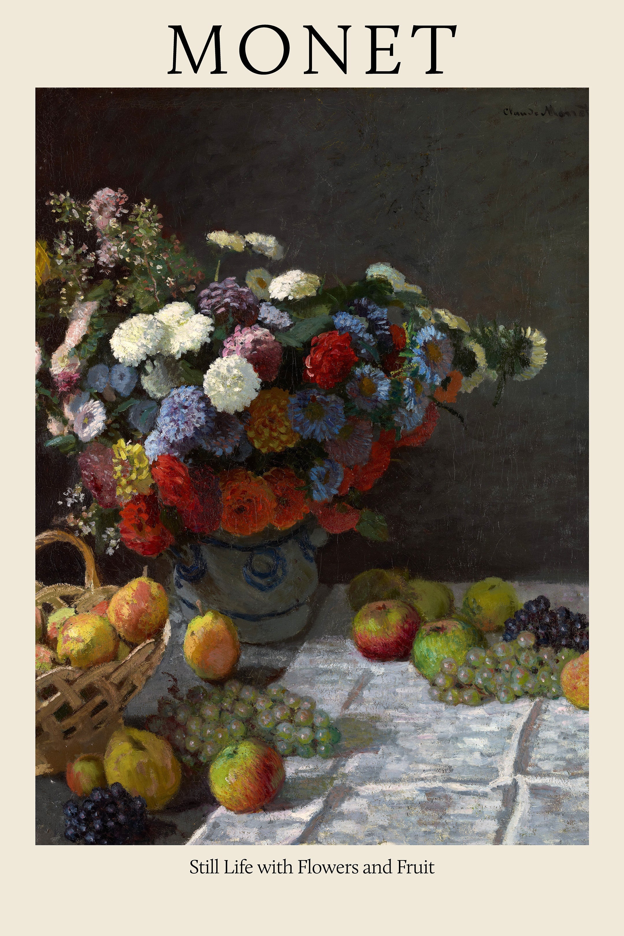 Claude Monet's Still Life with Flowers and Fruit, showing a vibrant floral arrangement, apples, and grapes on a dark background.