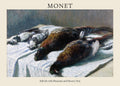 Claude Monet 1879 painting, "Still Life with Pheasants and Plovers," depicting three game birds laid on a white cloth.