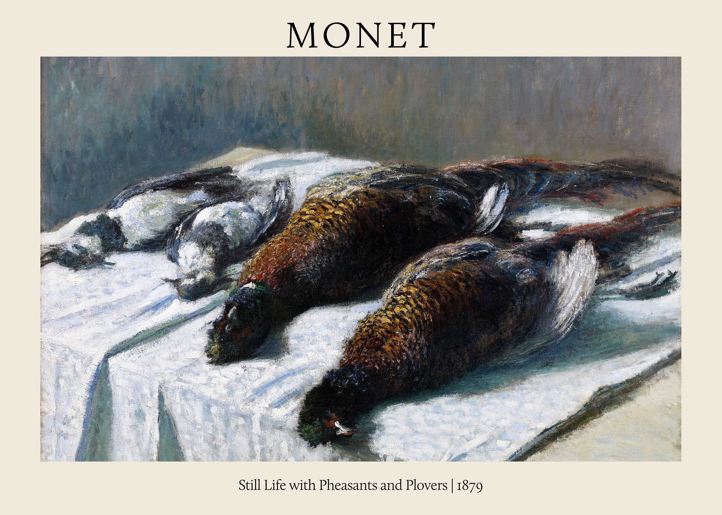 Claude Monet 1879 painting, "Still Life with Pheasants and Plovers," depicting three game birds laid on a white cloth.