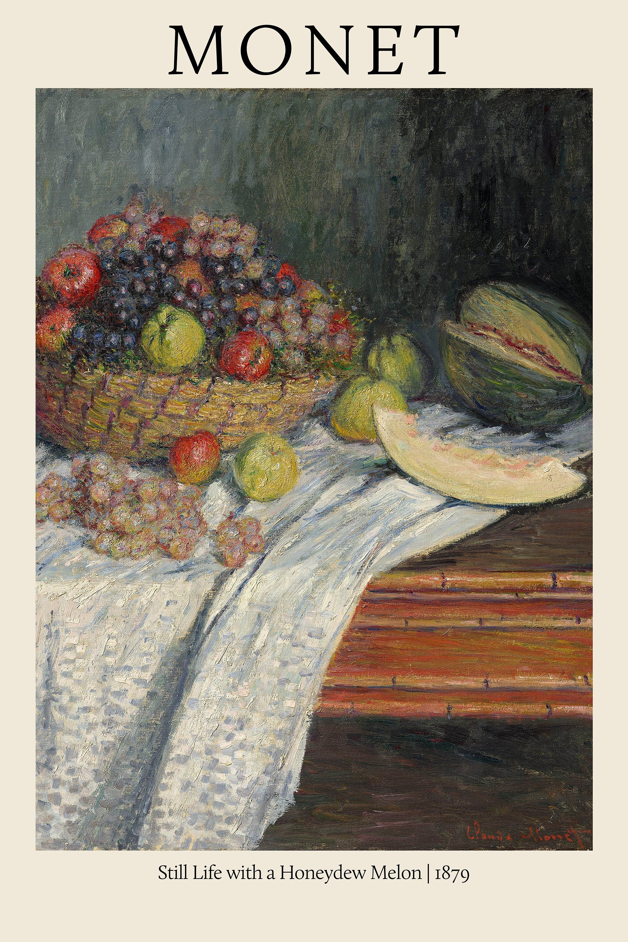 Claude Monet still life painting featuring a wicker basket overflowing with grapes and apples next to a sliced honeydew melon on a white cloth.