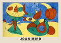 Abstract painting by Joan Miró titled "Zephyr Bird," featuring biomorphic shapes in bright yellow, royal blue, and burnt orange on a neutral background.