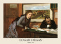 Realistic oil painting by Edgar Degas showing a woman leaning toward a slumped man at a dark desk, conveying a tense domestic scene.
