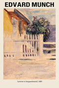Edvard Munch painting titled "Summer in Aasgaardstrand," showing a yellow house and white picket fence rendered in loose, expressive, warm-toned brushstrokes from 1889.