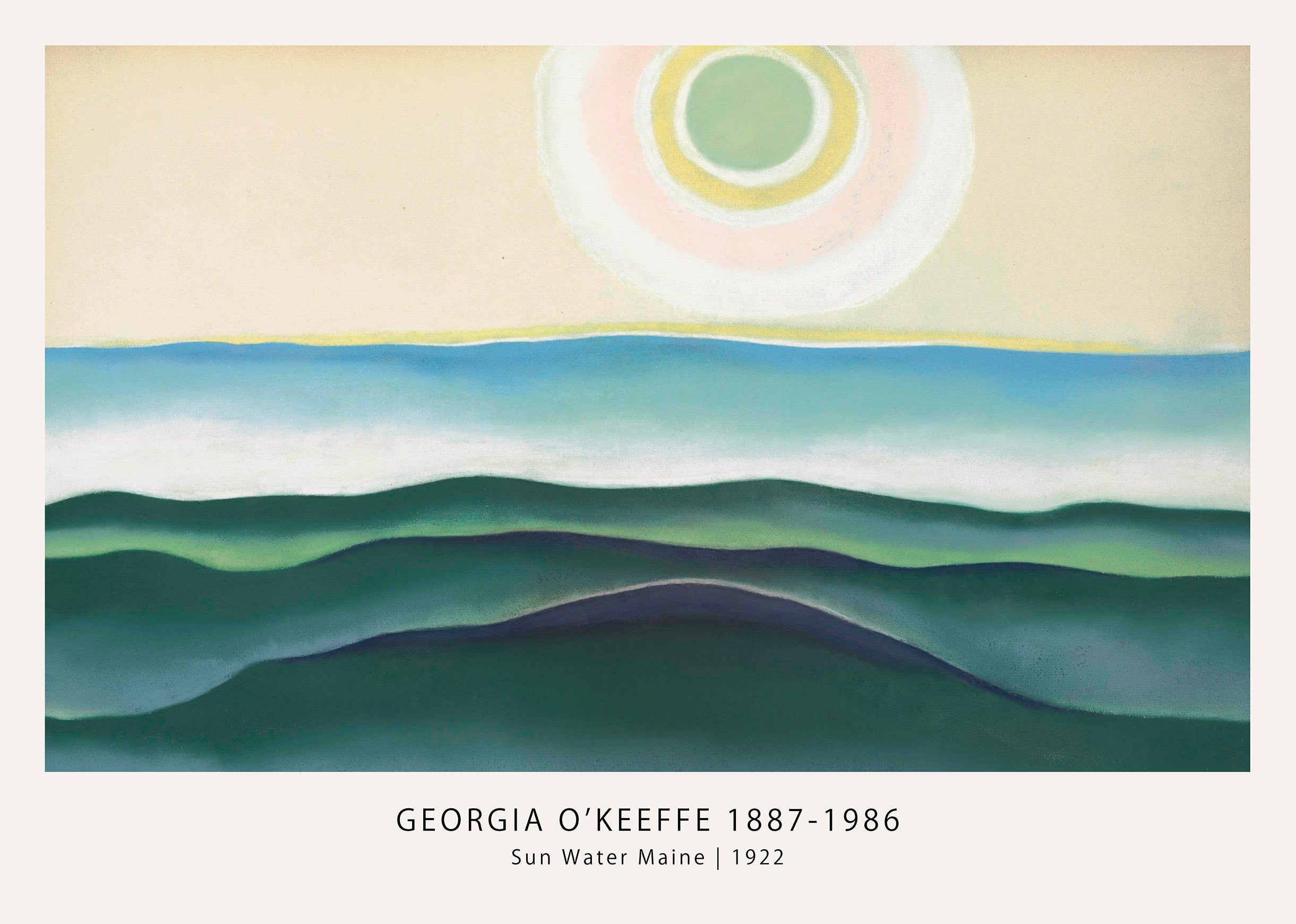Georgia O'Keeffe painting titled Sun Water Maine (1922), featuring abstract waves of teal and deep green beneath a stylized pale sun.