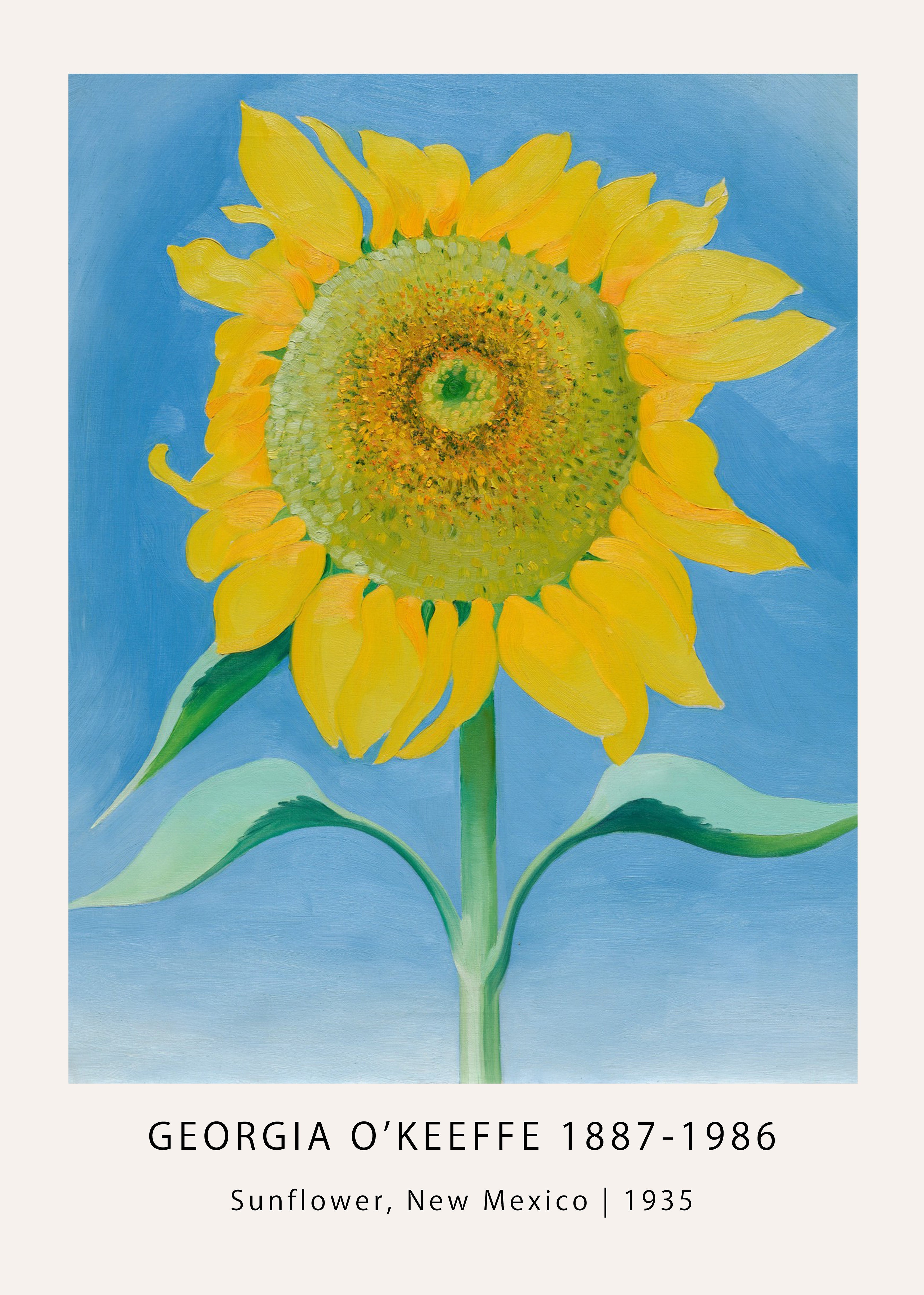 Georgia O'Keeffe's iconic 1935 oil painting of a large, bright yellow sunflower centered against a vibrant blue sky background.