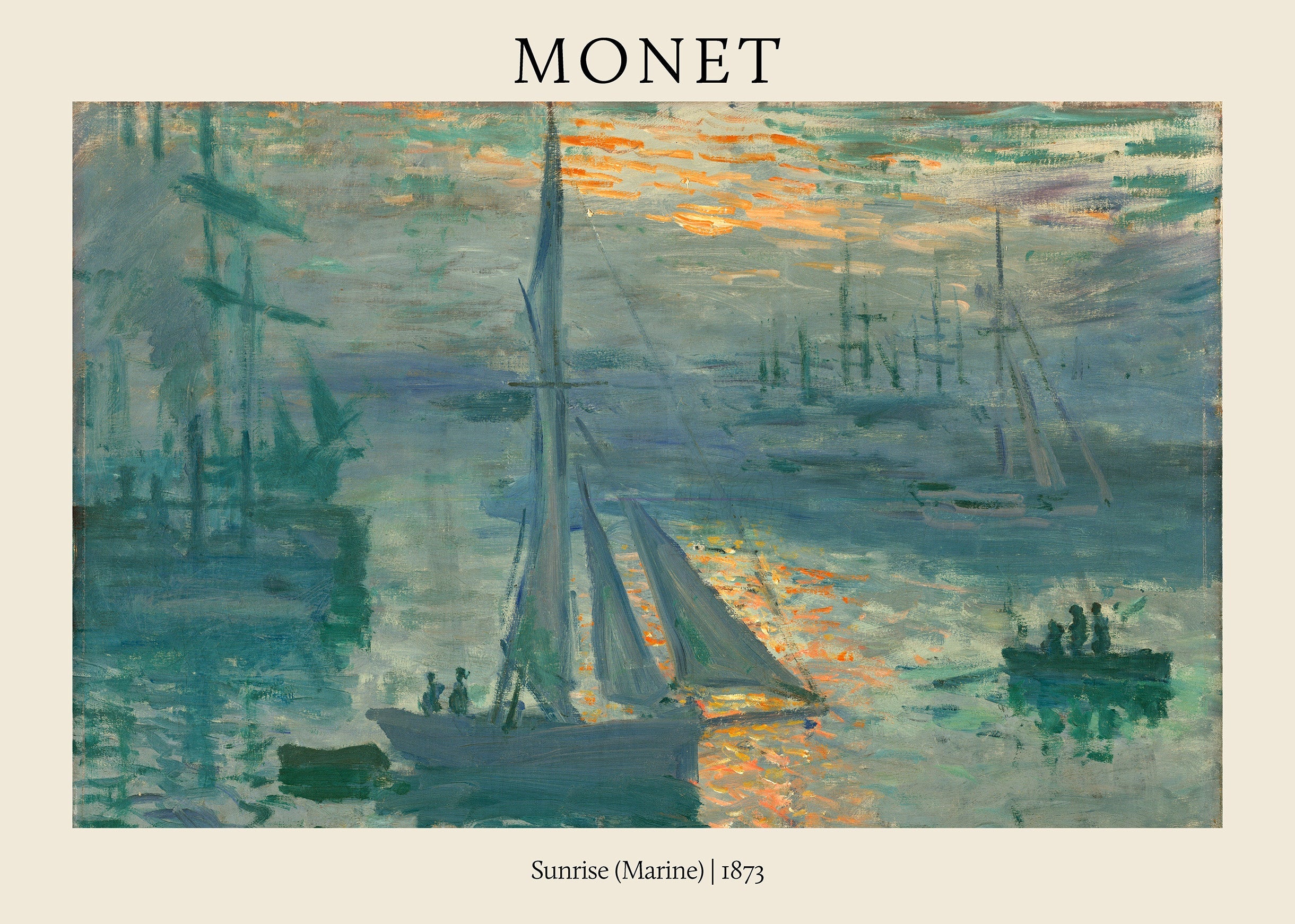 Fine art print of Claude Monet's 1873 painting, Sunrise (Marine), showing dark sailboats against an orange and blue-green seascape.