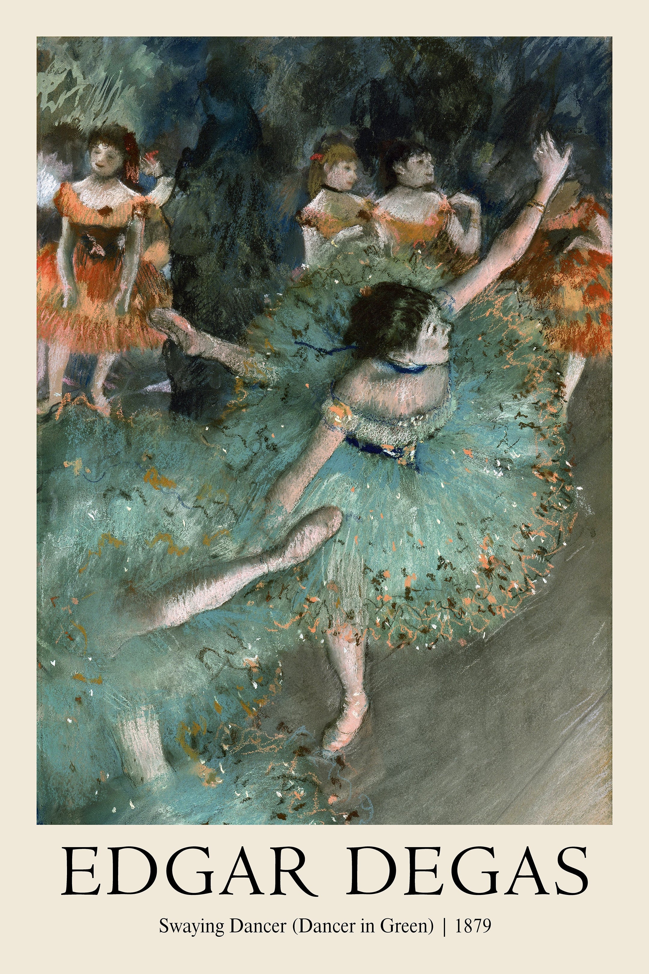 Edgar Degas's "Swaying Dancer" (1879) pastel drawing featuring a ballerina in a vibrant turquoise tutu mid-spin.