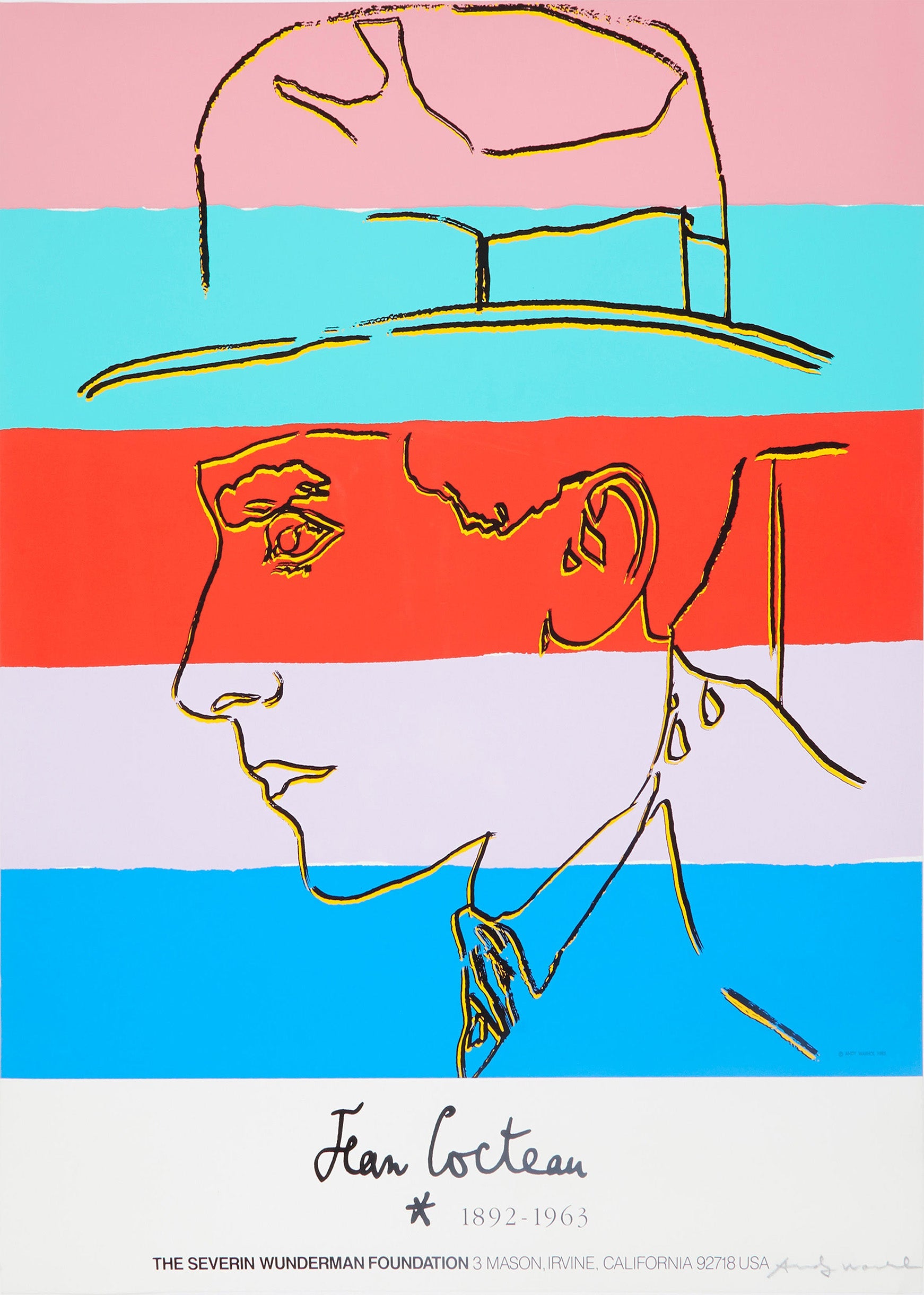 Bright silkscreen print by Andy Warhol featuring a profile portrait of Jean Cocteau in a hat, set against thick horizontal stripes of pink, red, and blue.