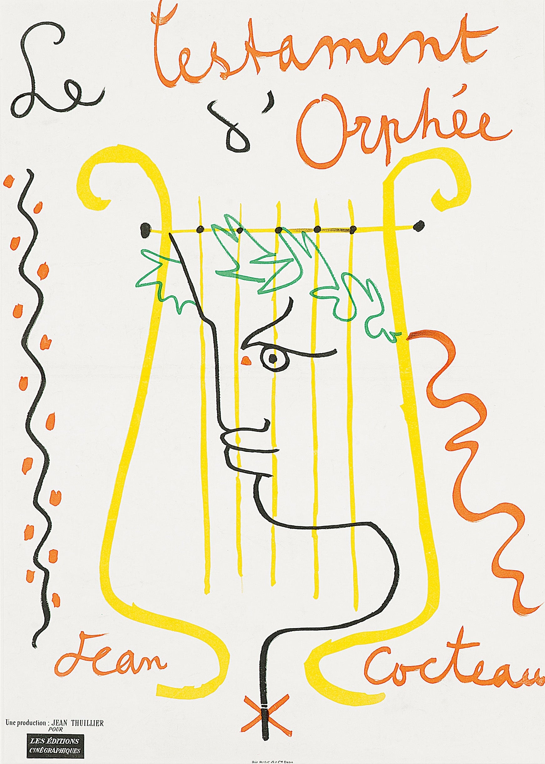 Jean Cocteau’s colorful poster design for his 1960 film, *Le Testament d'Orphée*, featuring a minimalist profile drawn into a yellow lyre outline.