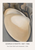 Close-up painting titled 'Tan Clam Shell with Seaweed' by Georgia O'Keeffe (1926), featuring organic beige and cream forms against a grey background.