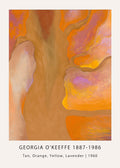 Abstract painting by Georgia O'Keeffe from 1960, showing curving organic forms in a palette of tan, orange, yellow, and subtle lavender shades, capturing a warm, earthy essence.