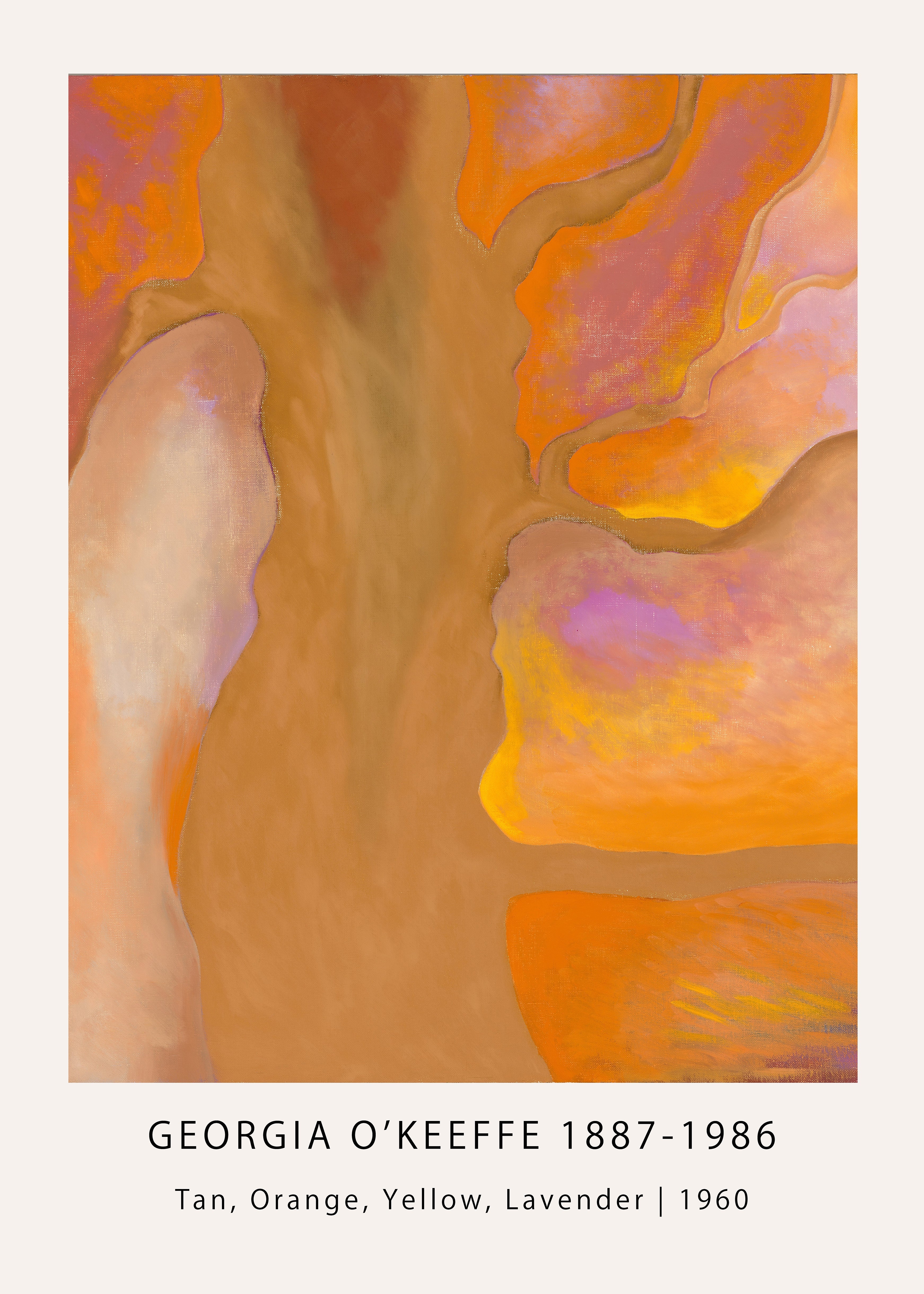 Abstract painting by Georgia O'Keeffe from 1960, showing curving organic forms in a palette of tan, orange, yellow, and subtle lavender shades, capturing a warm, earthy essence.