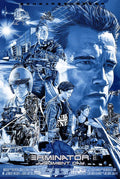 Blue-toned Terminator 2 Judgment Day movie poster featuring Arnold Schwarzenegger, police scenes, robots, and action elements