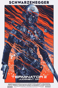 Terminator 2 Judgment Day poster featuring Arnold Schwarzenegger as a robotic police officer with a gun and helicopter, intense orange and black design