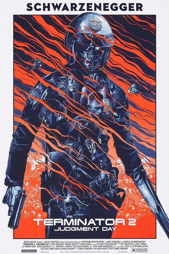 Terminator 2 Judgment Day poster featuring Arnold Schwarzenegger as a robotic police officer with a gun and helicopter, intense orange and black design