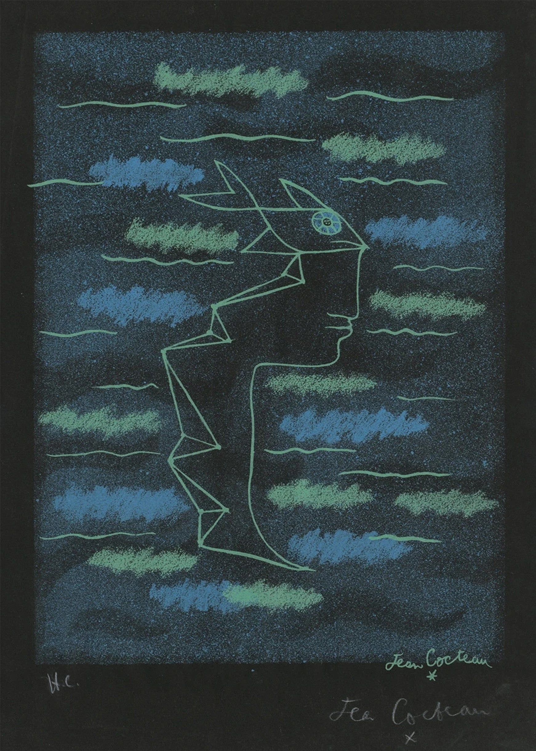 Jean Cocteau print showing a neon green geometric profile figure topped with a fish silhouette, set against a dark, speckled background with blue and green chalk strokes.