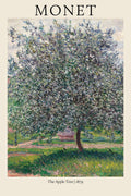 Reproduction of Claude Monet's 1879 painting, "The Apple Tree," showing a dense, textured crown of white and green foliage in an Impressionist garden landscape.