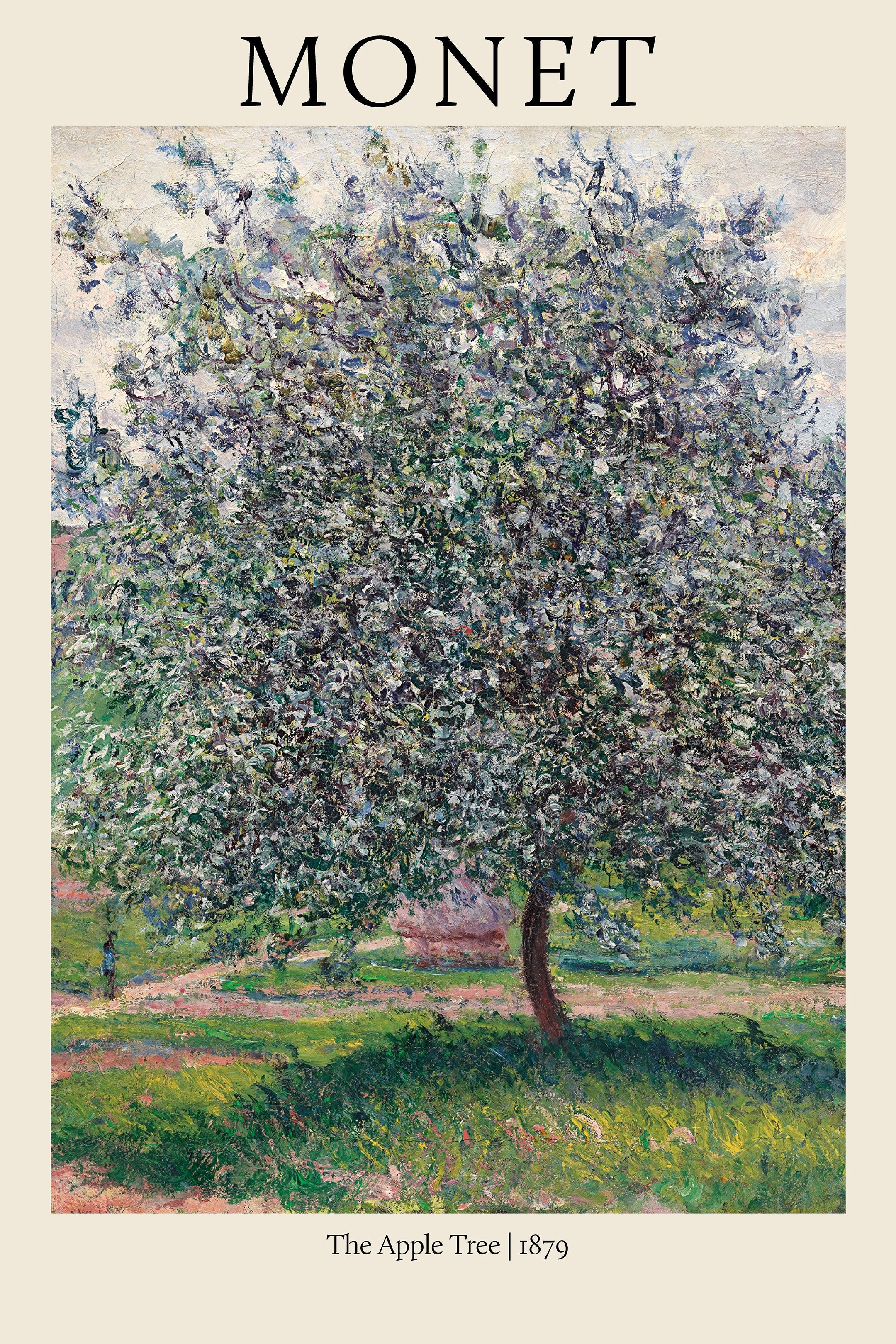 Reproduction of Claude Monet's 1879 painting, "The Apple Tree," showing a dense, textured crown of white and green foliage in an Impressionist garden landscape.