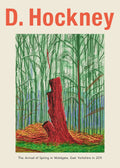 Contemporary art print by David Hockney featuring a highly stylized red tree stump in a dense, vivid green forest setting from his Woldgate series.
