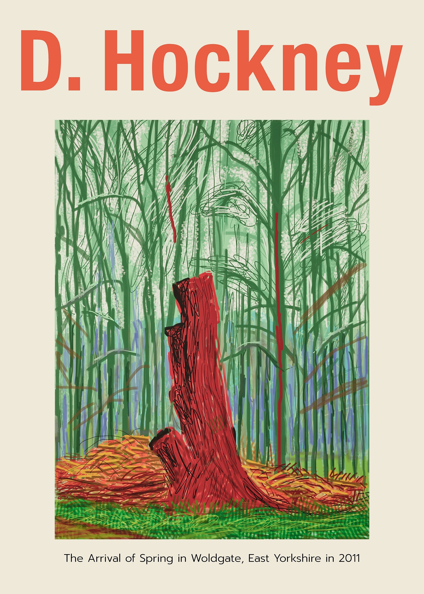 Contemporary art print by David Hockney featuring a highly stylized red tree stump in a dense, vivid green forest setting from his Woldgate series.