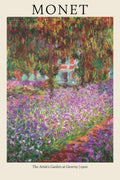 Oil painting by Claude Monet, "The Artist's Garden at Giverny" (1900), showing a path through a field of vibrant purple irises and dense, colorful foliage.