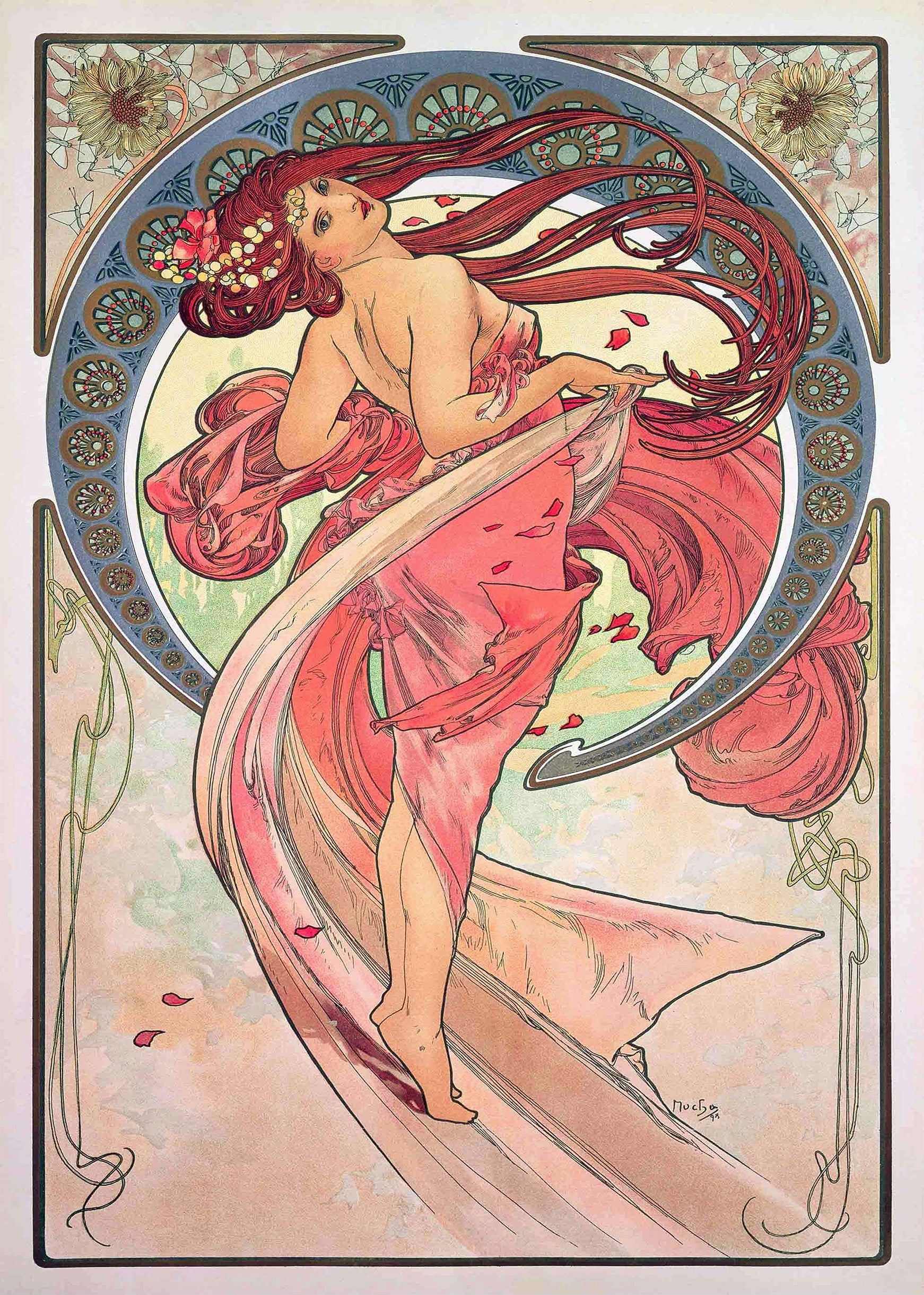 Art Nouveau poster by Alphonse Mucha featuring a woman with flowing red hair and pink drapery, surrounded by detailed floral motifs and scattering rose petals.