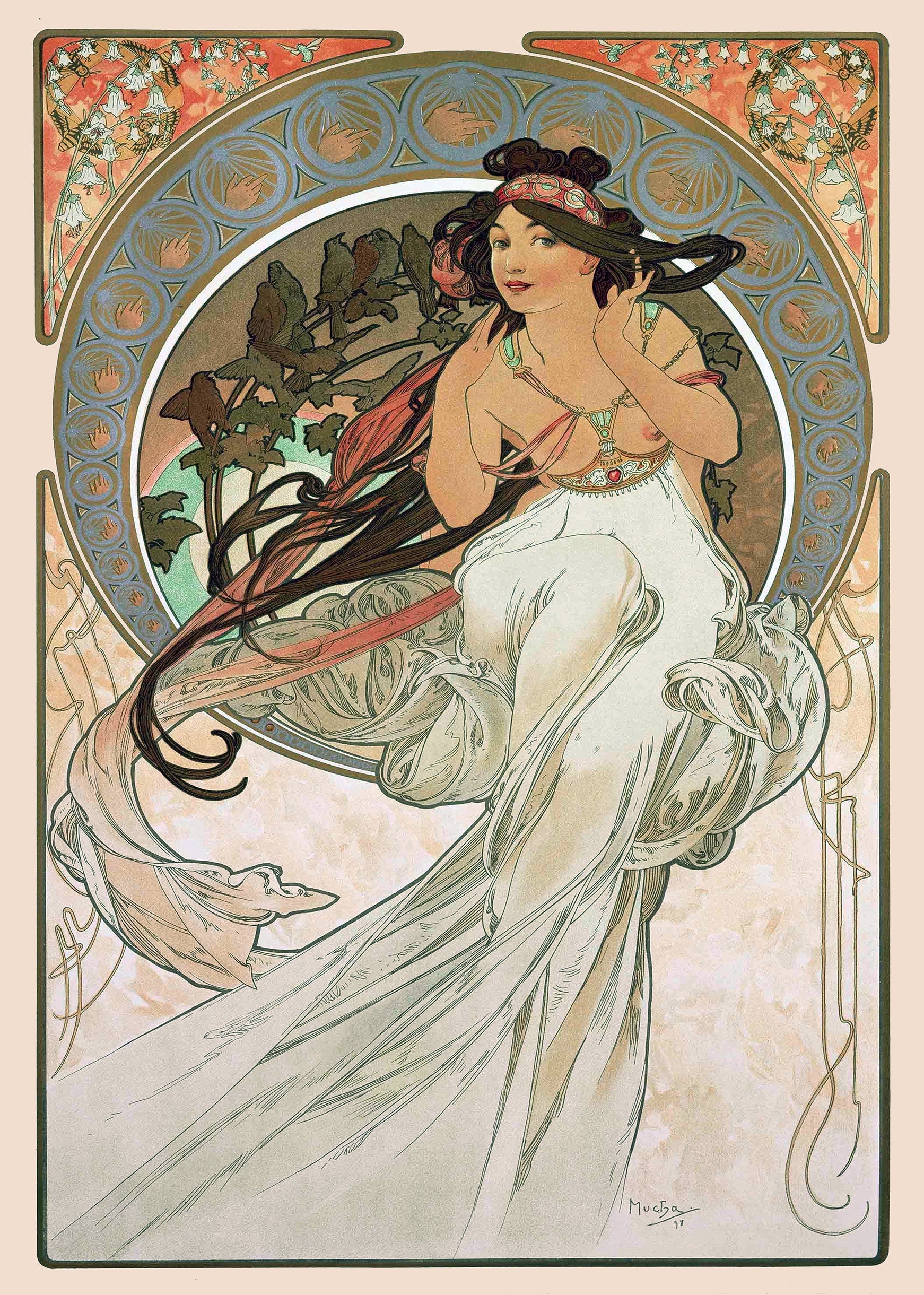 Alphonse Mucha 1898 Art Nouveau lithograph showing a graceful woman in flowing white robes against a highly decorated circular border of birds and flowers.