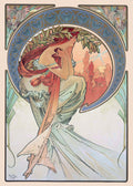 A beautiful Art Nouveau illustration by Alphonse Mucha featuring a graceful woman draped in flowing robes and a laurel wreath against a circular floral border.