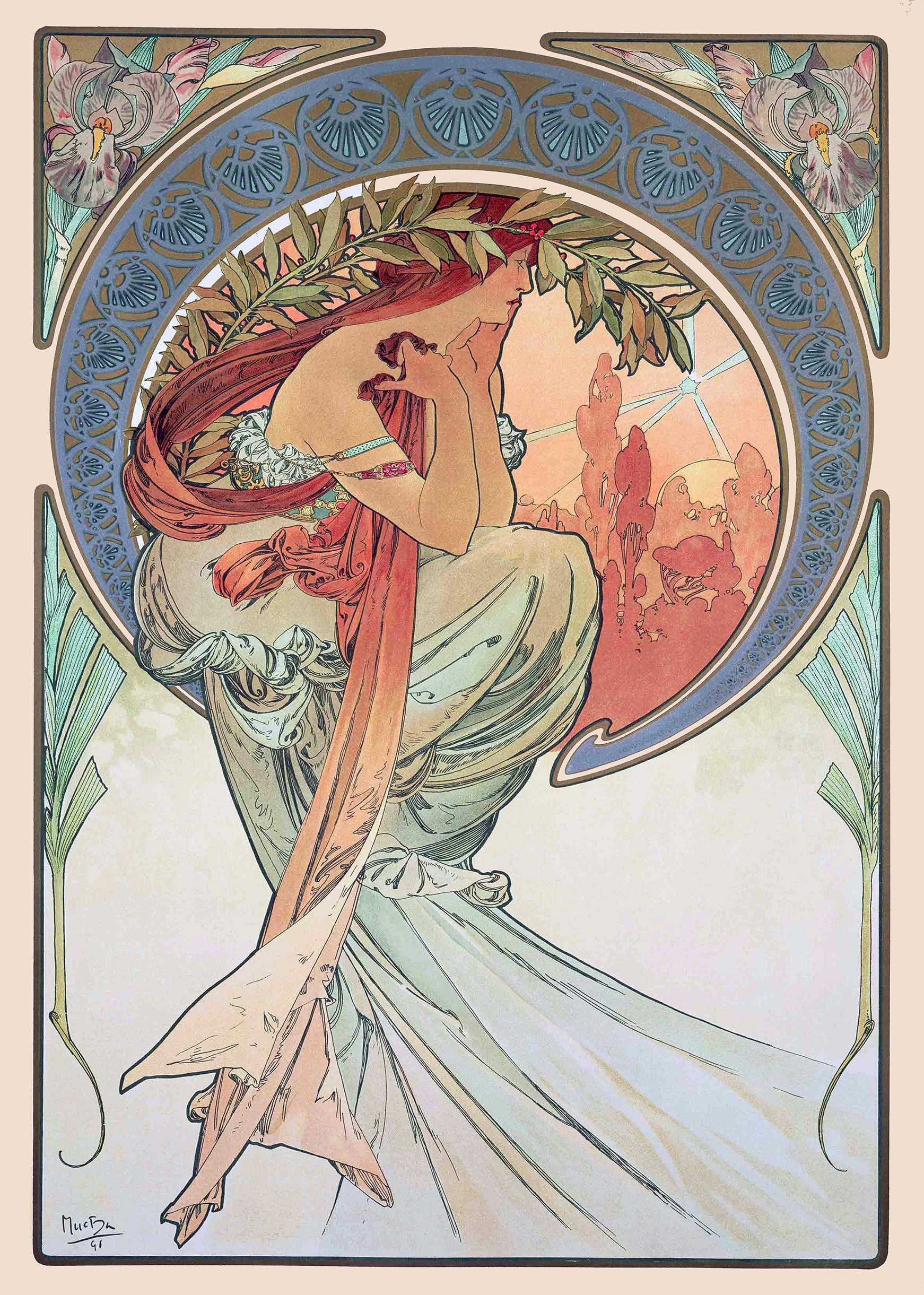A beautiful Art Nouveau illustration by Alphonse Mucha featuring a graceful woman draped in flowing robes and a laurel wreath against a circular floral border.