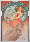 Alphonse Mucha Art Nouveau poster showing the muse "Poetry" in a flowing pink gown, framed by intricate floral and geometric motifs from the 1898 series.